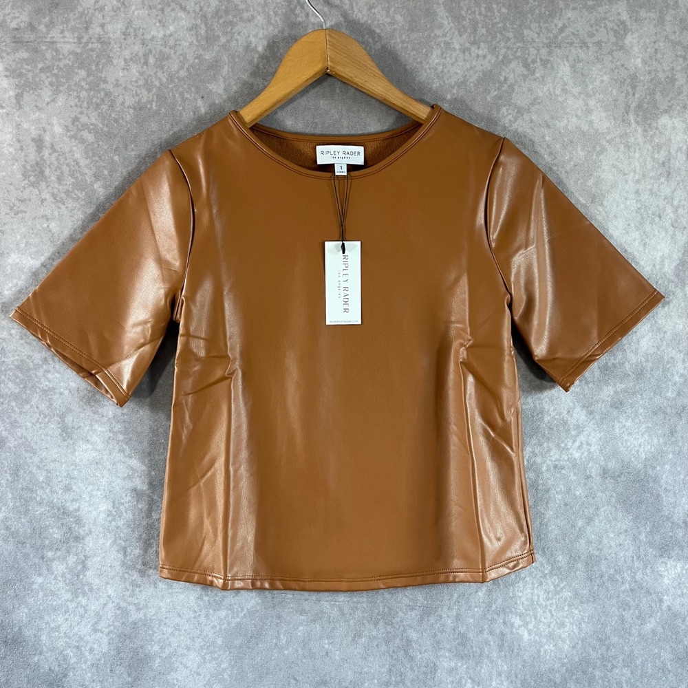 Ripley Rader Faux Leather Top Women XS Cognac Brown Short Sleeve Fleece Line NEW